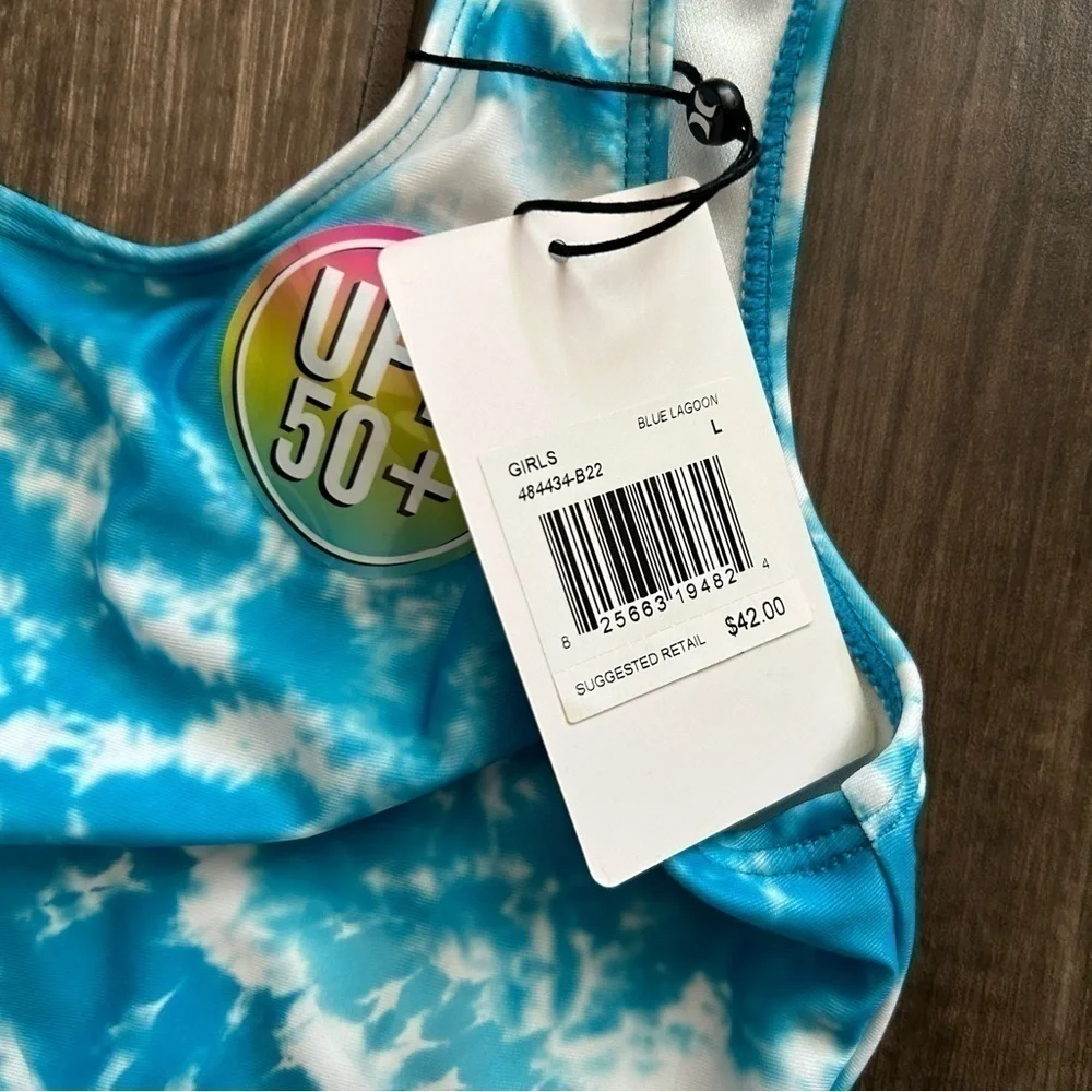 NWT Hurley Girls' Shoulder Tie One Piece Swimsuit in Blue Lagoon Sz L